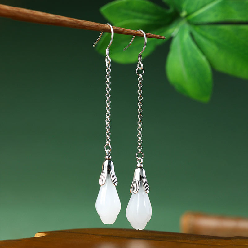 Women'S Yellow Accessories - Witte echte jade bloem oorbellen steen